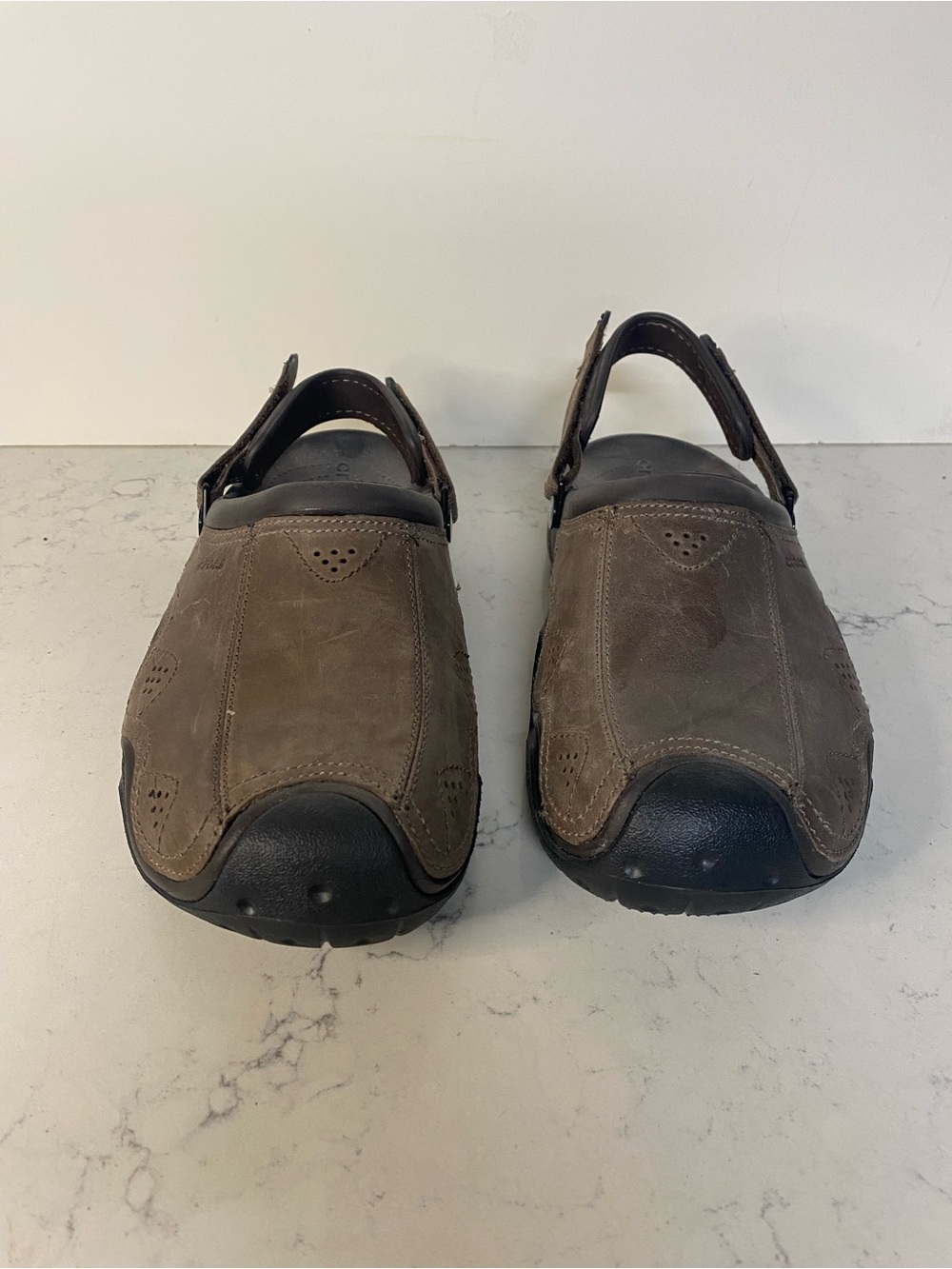 Men's Brown Leather Slip-On Crocs Backstrap Clogs